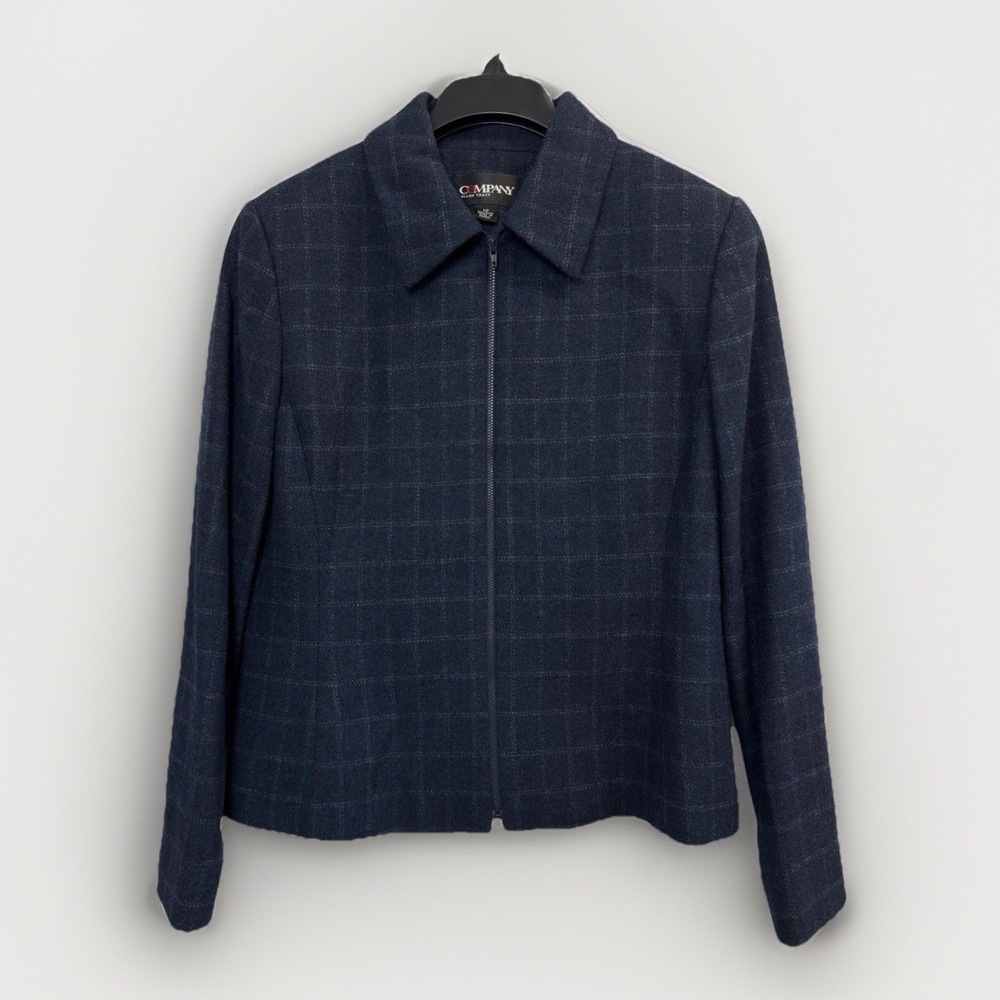 Company Ellen Tracy Wool Jacket Women's Size 12 Navy Plaid Zip Front Lined